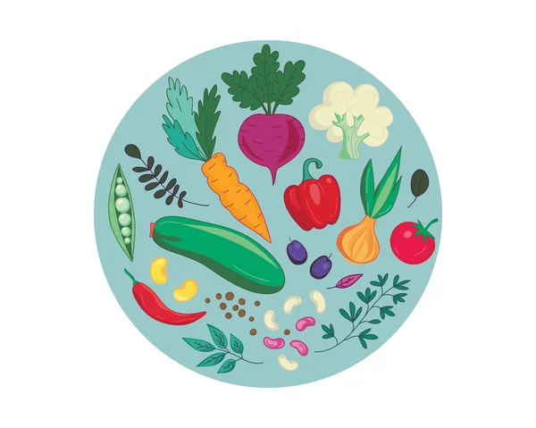 Färgglada grupp av grönsaker i rund form. — Stock vektor
