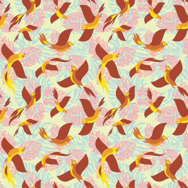 Nahtloses Muster mit tropischen Vögeln und Blättern. — Stockvektor