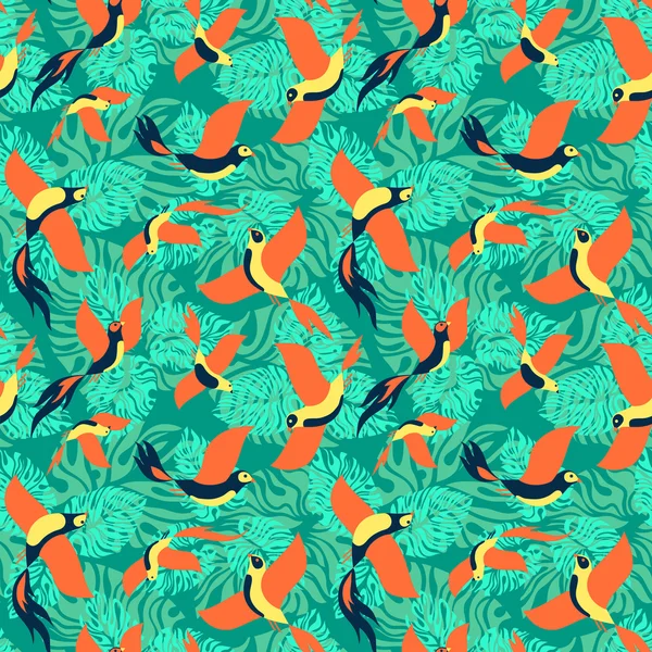 Seamless mönster med tropiska fåglar och blad. — Stock vektor