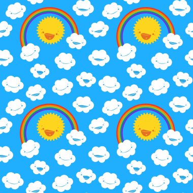 Bulutlar, güneş ve rainbow ile şirin seamless modeli.