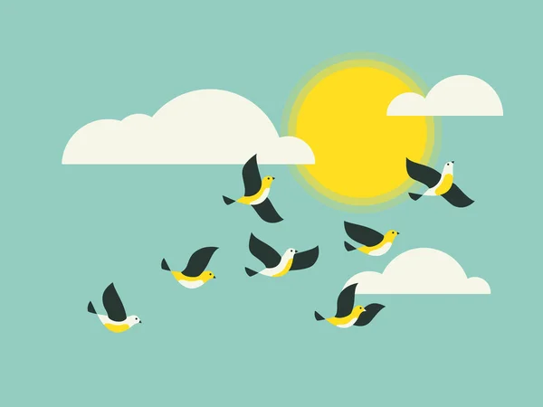 Flock of birds in the sky with clouds and sun. — Stock Vector