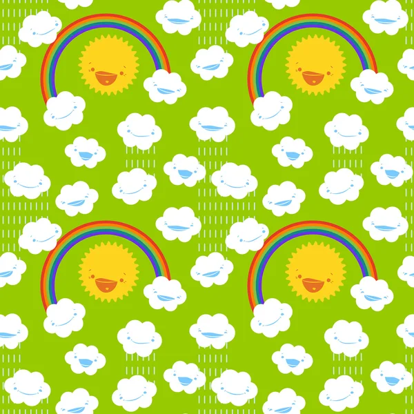 Cute seamless pattern with clouds, sun and rainbow. Design for kids. — Stock Vector