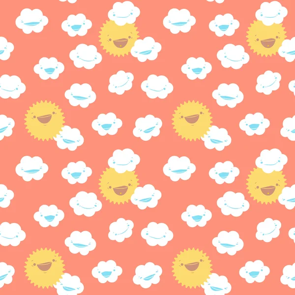 Funny seamless pattern with clouds and smiling sun. — Stock Vector