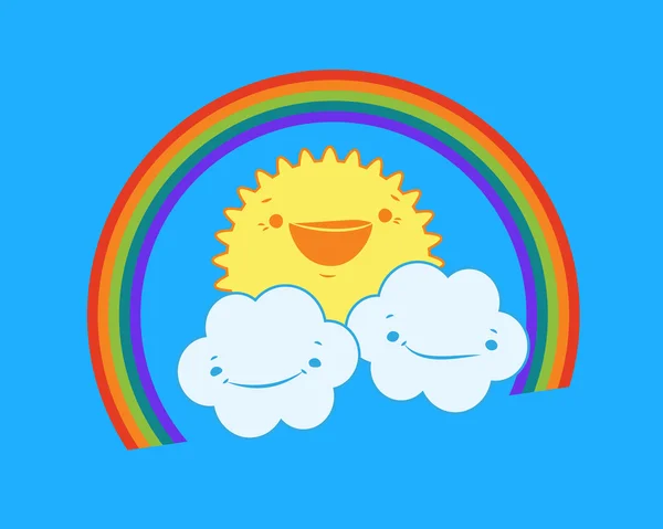 Ilustração vetorial de bonito sol feliz, nuvens sorridentes e arco-íris . — Vetor de Stock