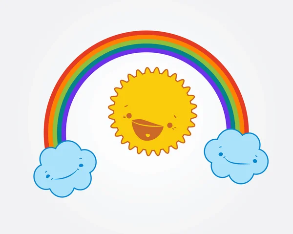 Vektor-Illustration von niedlicher Sonne, lächelnden Wolken und Regenbogen. — Stockvektor