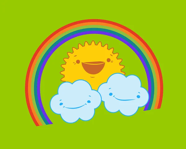 Illustration vectorielle du soleil mignon, deux nuages souriants et arc-en-ciel . — Image vectorielle