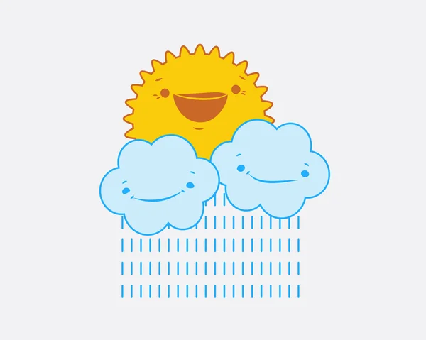 Illustration of cartoon clouds with raindrops and smiling sun. — Stock Vector