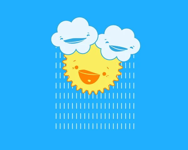 Ilustração de nuvens de desenhos animados com gotas de chuva e sol sorridente no céu azul . — Vetor de Stock