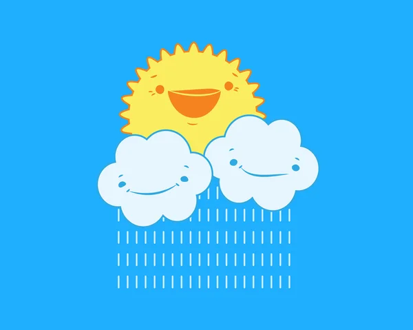 Ilustração de nuvens de desenhos animados com gotas de chuva e sol brilhando atrás deles . — Vetor de Stock