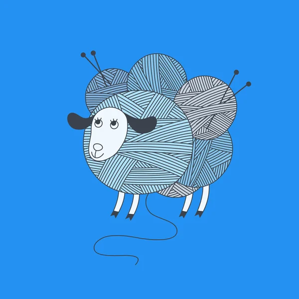 Sheep with skeins of wool yarn and knitting needles. — Stock Vector