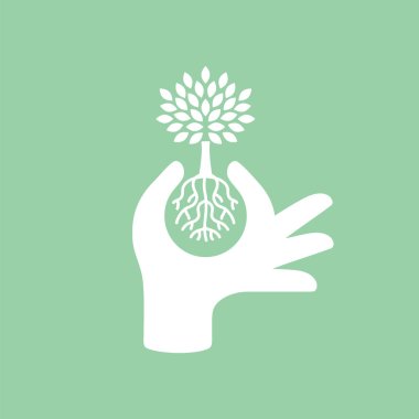 Hand protecting plant - nature conservation graphic. clipart
