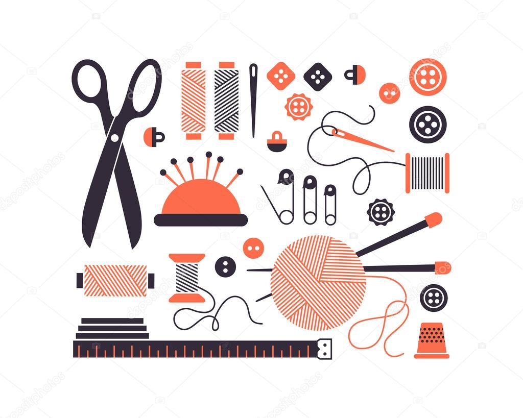 Vector sewing equipment and needlework icons set.