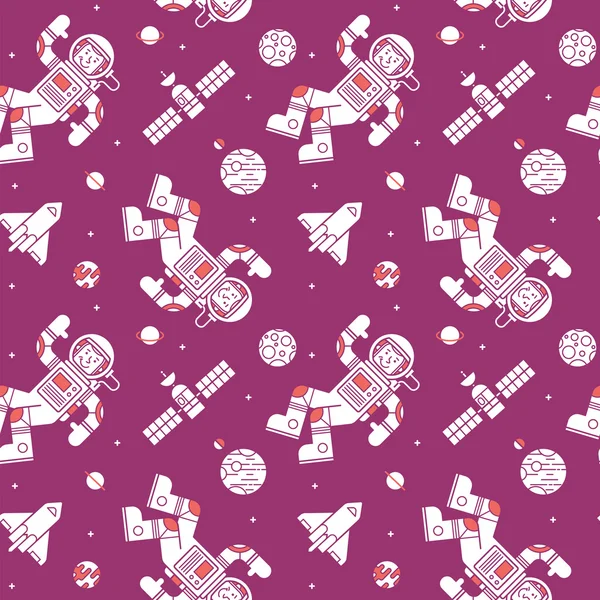 Seamless pattern with cute doodle astronauts, spaceships and planets. — Stock Vector