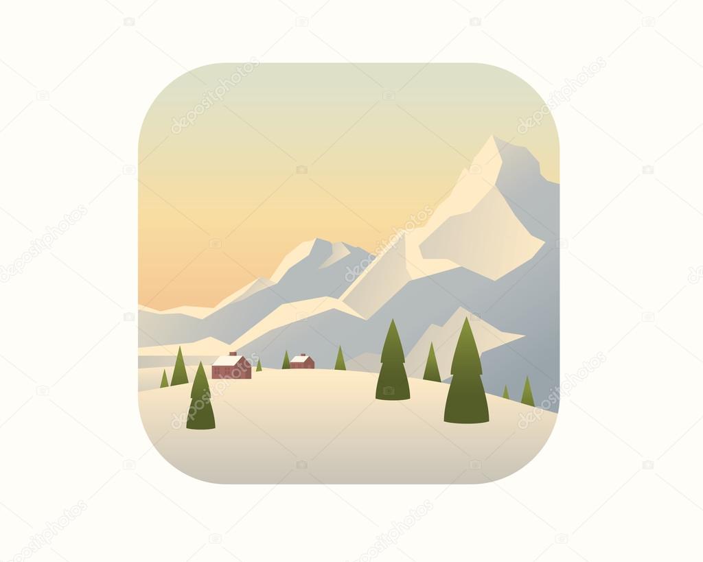 Colorful winter landscape with mountains and trees.