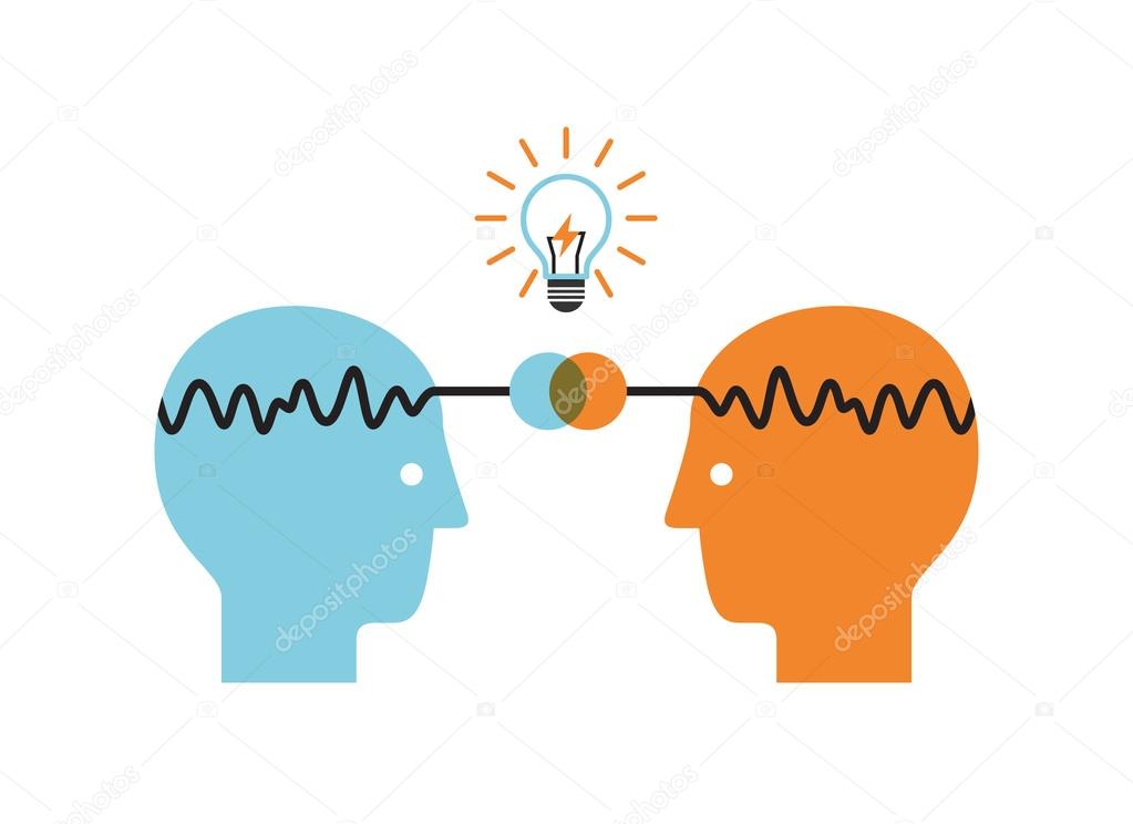 Two profile faces with light bulb. Brainstorming infographics.