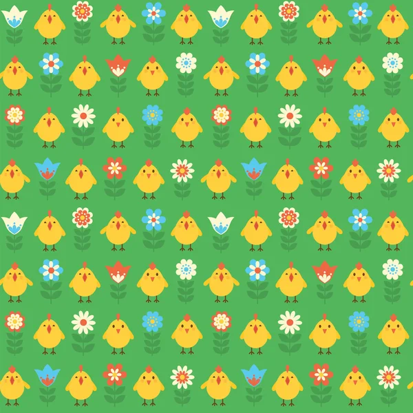 Seamless mönster med kycklingar och blommor. — Stock vektor