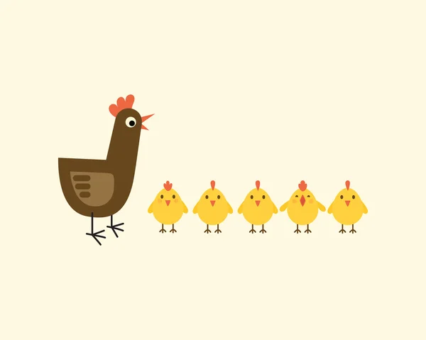Курица-мать и пять цыплят . — стоковый вектор
