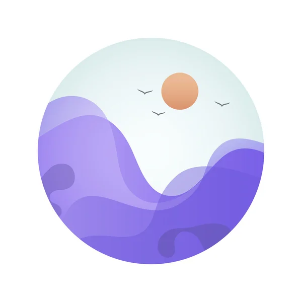 Vagues de mer en forme de cercle avec soleil et oiseaux . — Image vectorielle