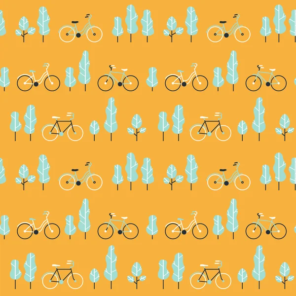 Naadloze patroon met fietsen en bomen. — Stockvector