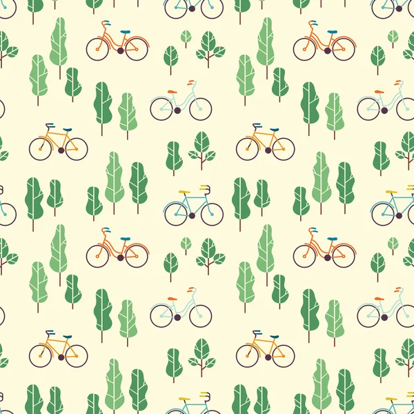 Seamless pattern with bicycles and trees. — Stock Vector