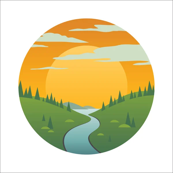 Ilustración del paisaje con río, sol y verdes colinas . — Vector de stock