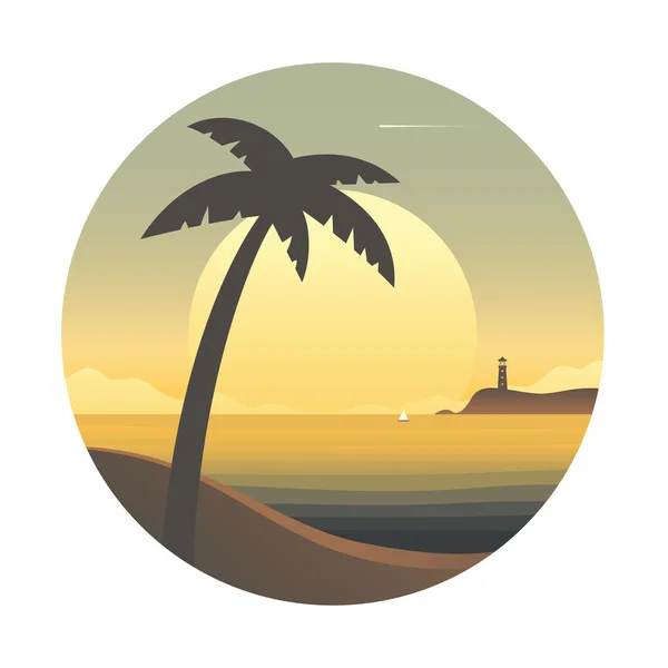 Puesta de sol con palmera y faro en el horizonte . — Vector de stock