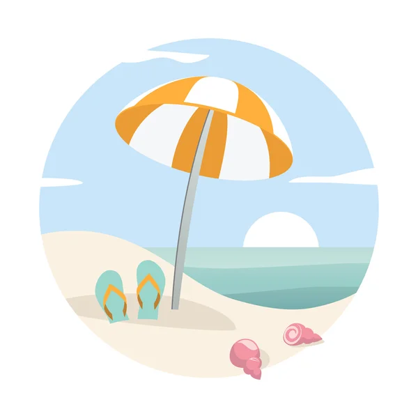 Tropical beach with parasol, flip-flops and shells. — Stock Vector
