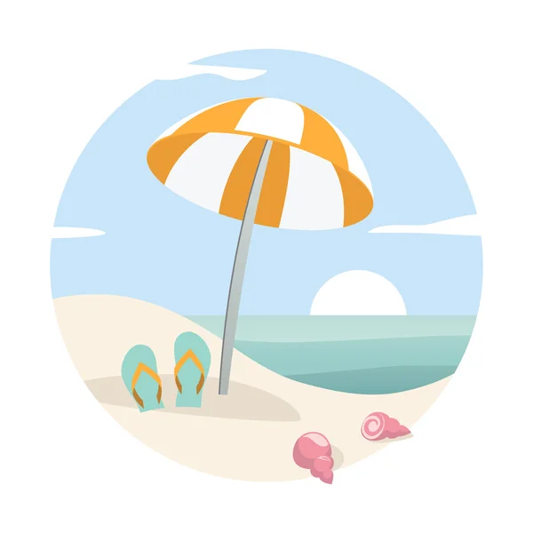 Plage tropicale avec parasol, tongs et coquillages . — Image vectorielle