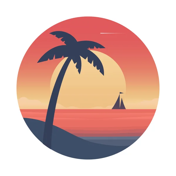 Ocean sunset with palm tree and ship. — Stock Vector