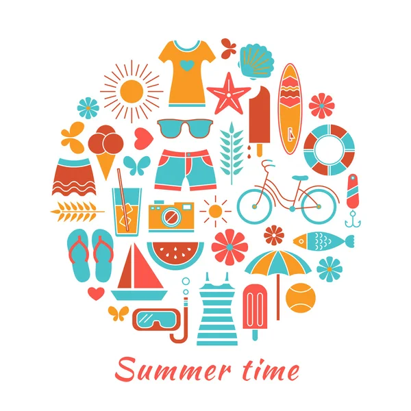 Stylized colorful background with summer icons. — Stock Vector