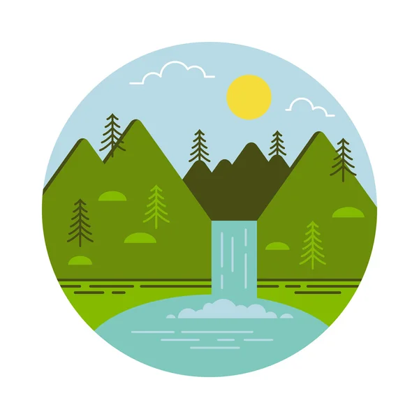 Cascada de montaña y lago. Ilustración vectorial . — Vector de stock