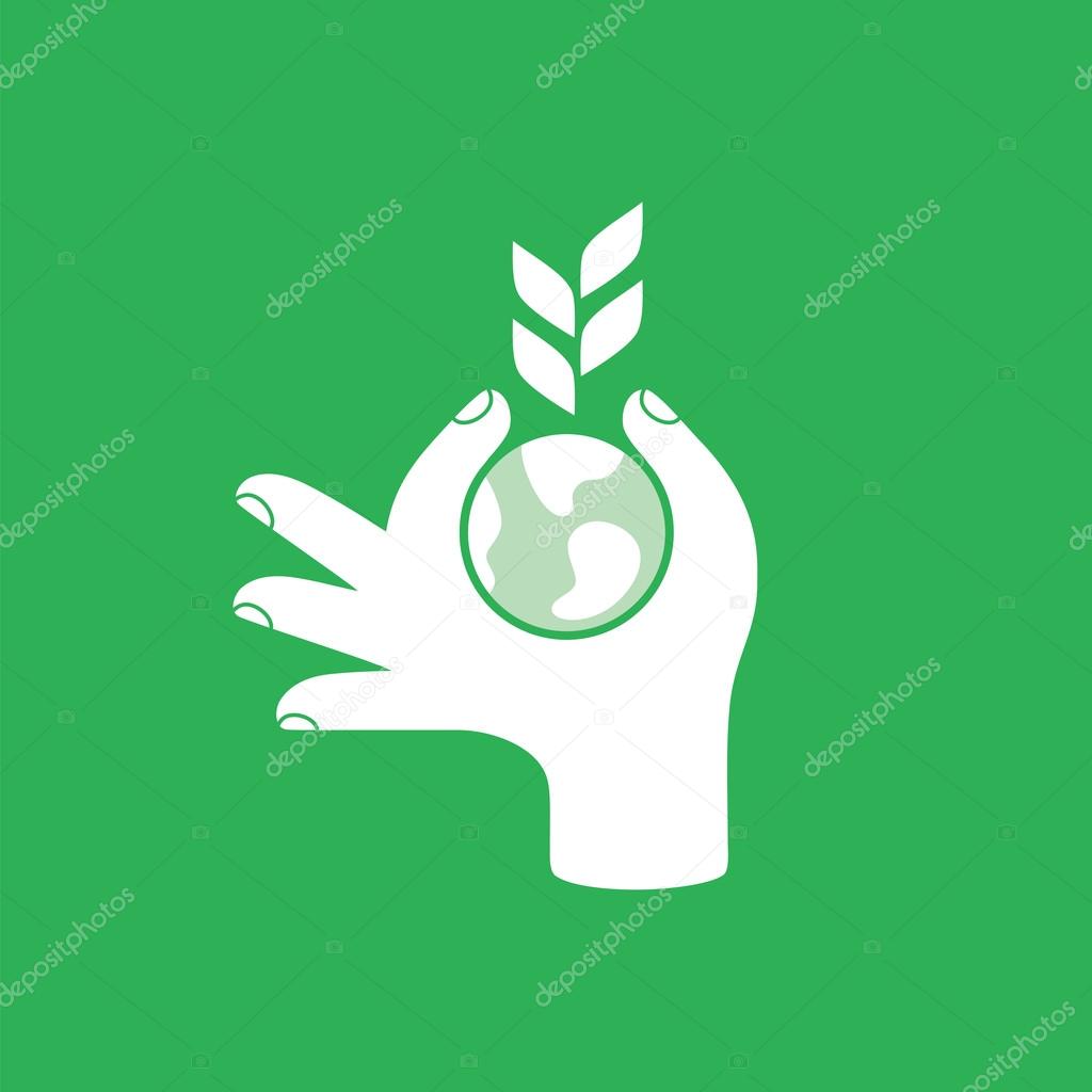 Hand with globe and plant. Save the earth concept.