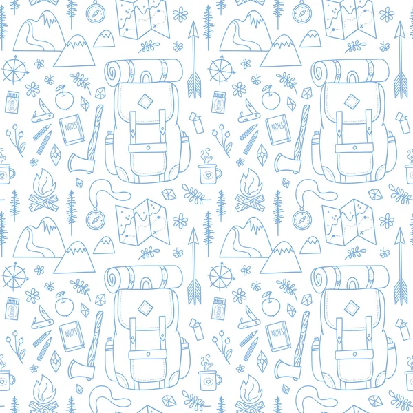 Hand drawn seamless pattern with adventure travel icons. — Stock Vector