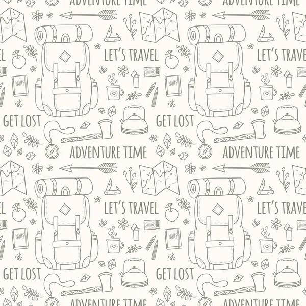 Hand drawn seamless pattern with adventure travel icons. — Stock Vector