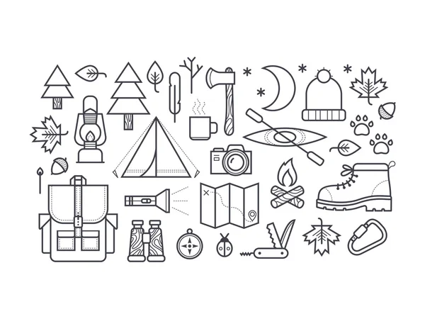 Набор символов и икон кемпингового оборудования . — стоковый вектор