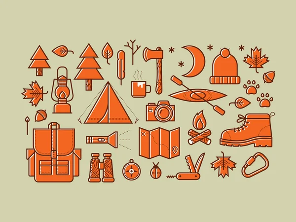 Camping uitrusting symbolen en pictogrammen. — Stockvector