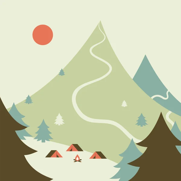 Campsite in the forest. Mountains landscape. — Stock Vector