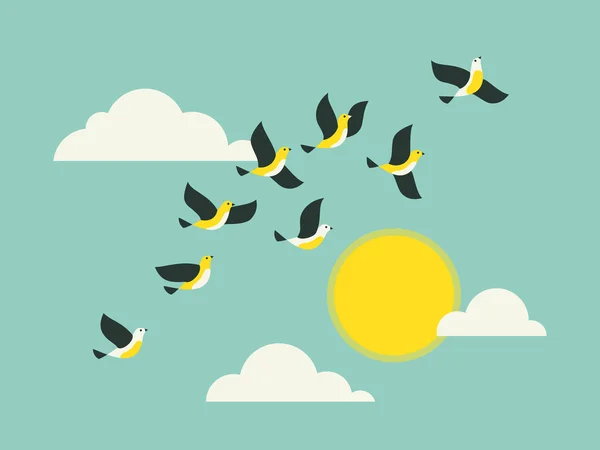 Pájaros volando en el cielo azul con nubes y sol . — Vector de stock