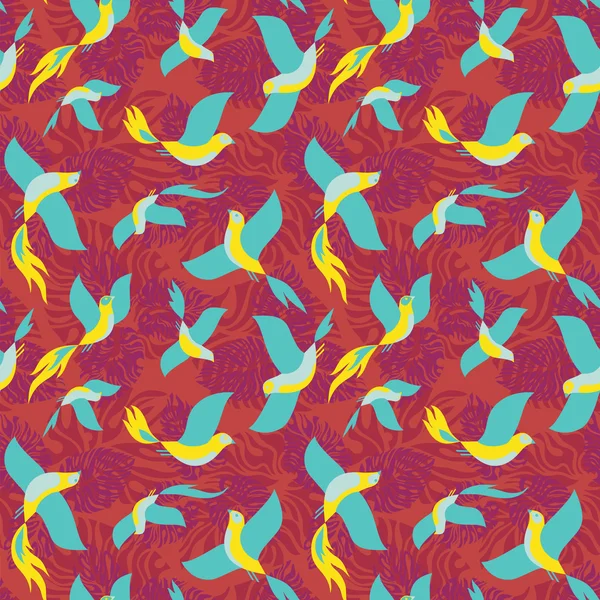 Seamless colorful pattern with tropical birds and leaves. — Stock Vector