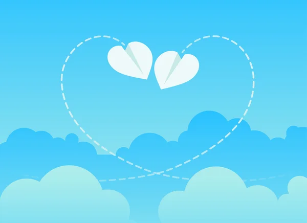 Origami paper plane with big dash heart in the sky. — Stock Vector