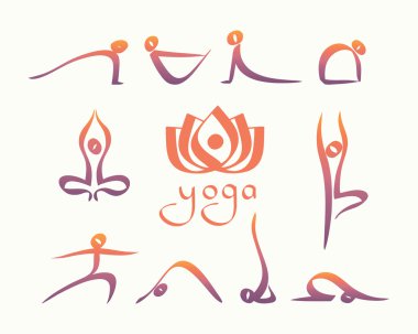 Yoga simgeler kümesi teşkil etmektedir. Elle çizilmiş illüstrasyon.