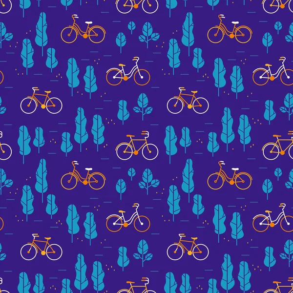 Patrón sin costuras con bicicletas y árboles . — Vector de stock