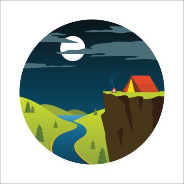 Mountain view üst kamp ücreti ile. Vektör arka plan.