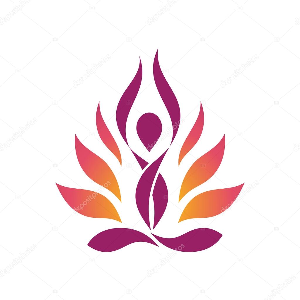 Stylized human yoga shape in abstract lotus symbol. Colorful vector icon.
