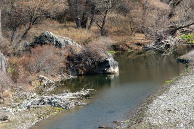 Kuru nehir ve seyrek bitki örtüsü. Sonbahar