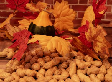 Sonbahar yaprakları, cüce balkabağı ve kabuklu fıstıklar.