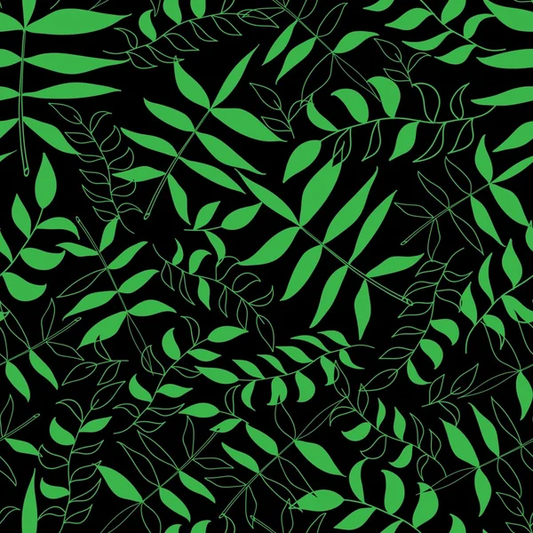 Nahtloses Muster mit Blättern auf schwarzem Hintergrund. Vektor-Illusion — Stockvektor
