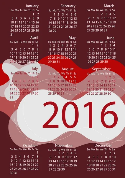 Простий календар 2016 / 2016 календар дизайн / 2016 календар вертикальний - тиждень починається з неділі — стоковий вектор