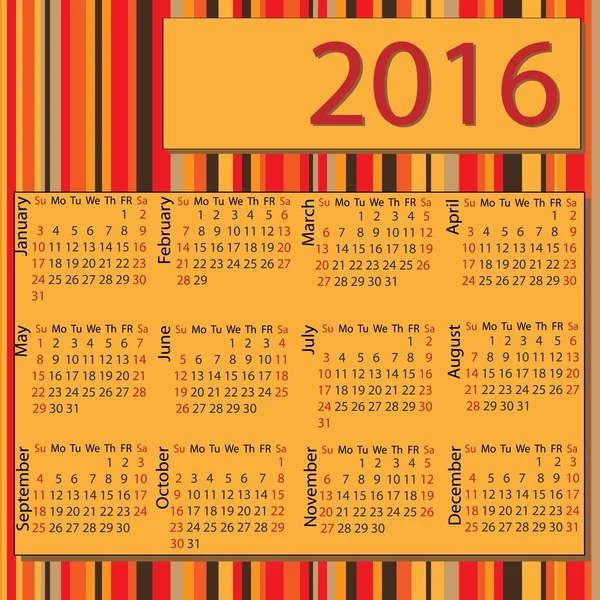 Простий календар 2016 / 2016 календар дизайн / 2016 календар вертикальний - тиждень починається з неділі — стоковий вектор
