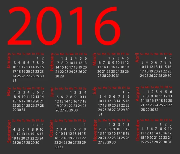 Calendario vectorial 2016. La semana comienza el domingo . — Vector de stock